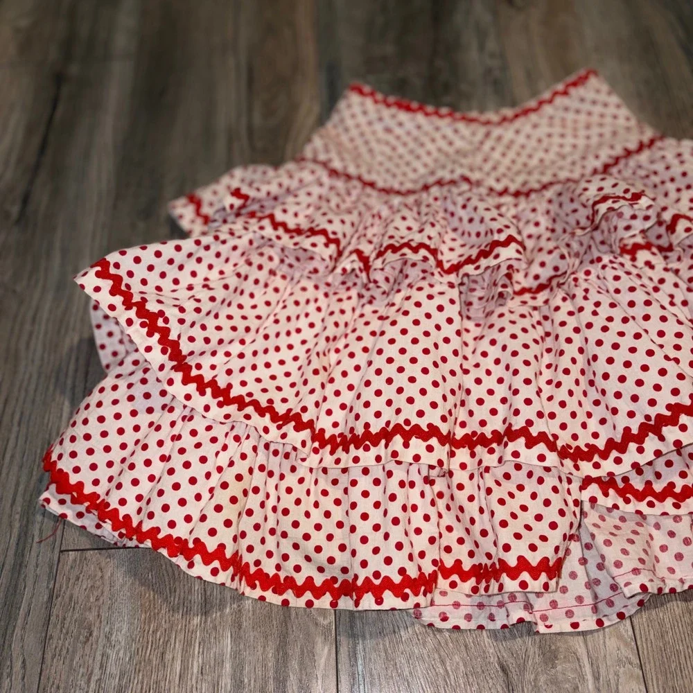 Vintage Kids Red Polka Dot Tiered Ruffle Skirt Ric Rac Trim Costume Retro